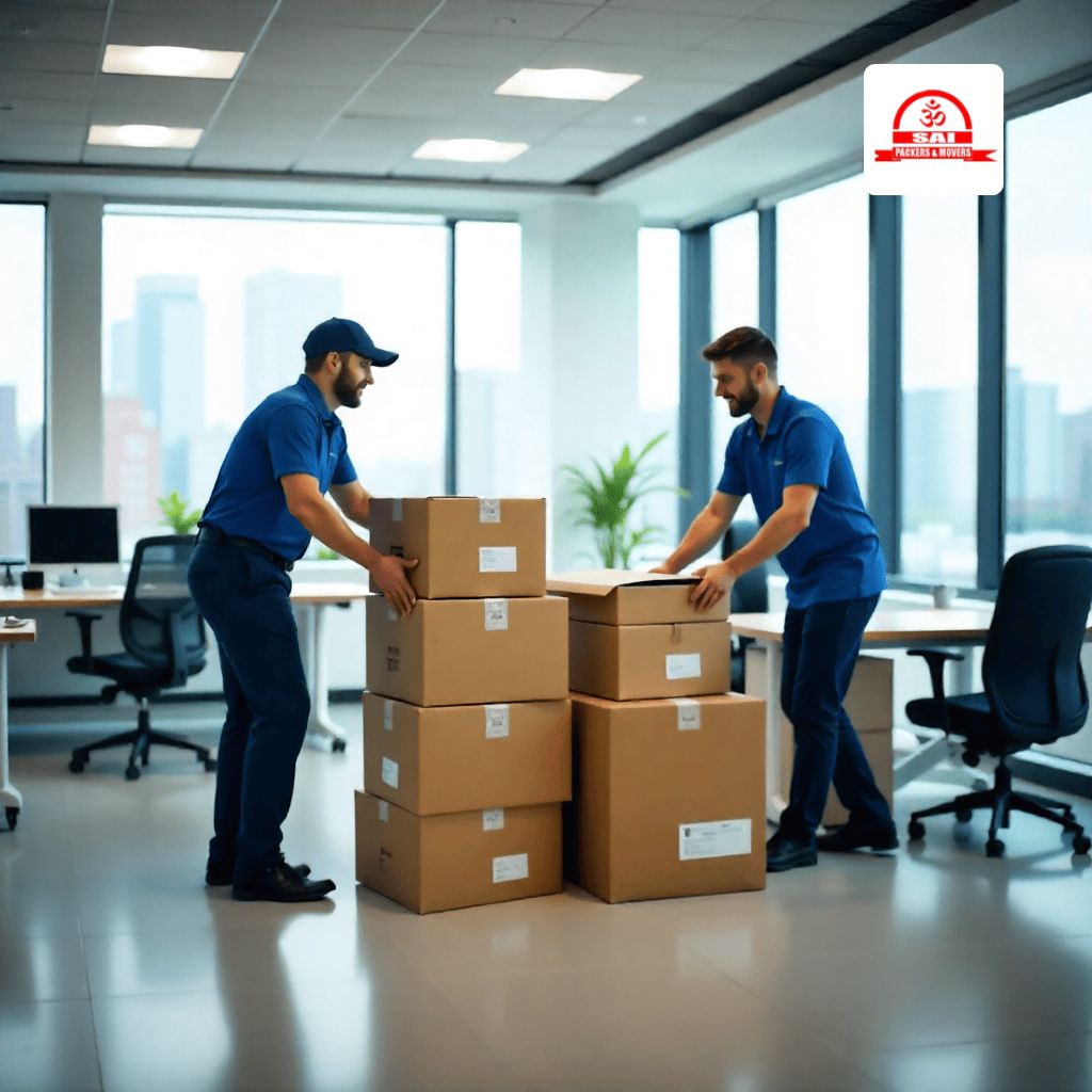 Professional movers packing office furniture, computers, and files during an office relocation service in a modern workplace setup.