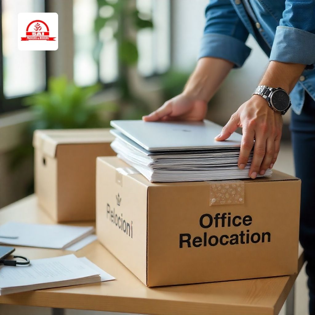 Organized office relocation service with movers packing laptops, files, and documents in cartons, ensuring safe office relation and shifting.