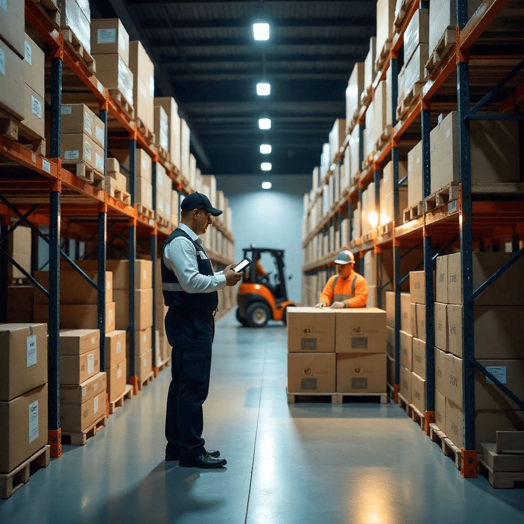 "Warehouse storing both household and commercial items, workers handling packages, and forklift moving goods – versatile and secure storage services."