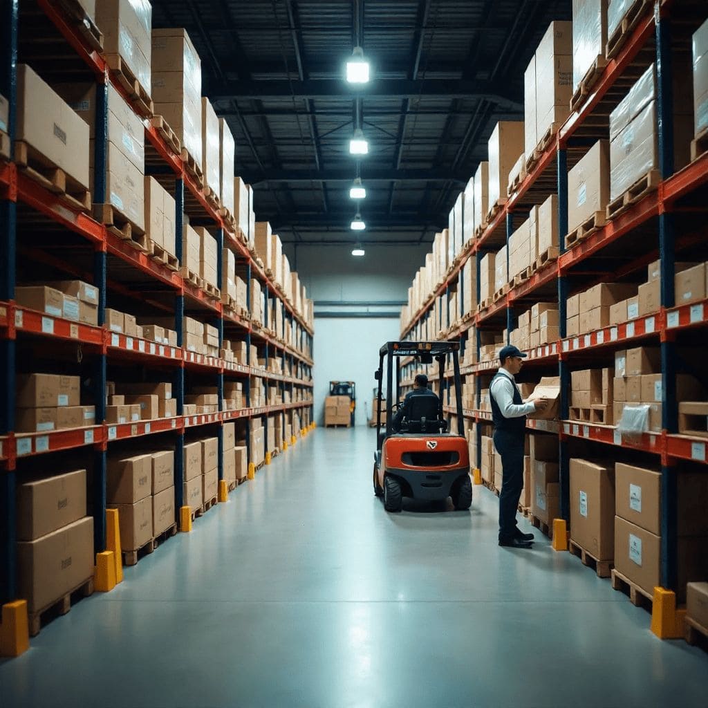 "Modern warehouse with organized shelves, workers handling goods, and a forklift moving packages – secure and professional warehousing services."