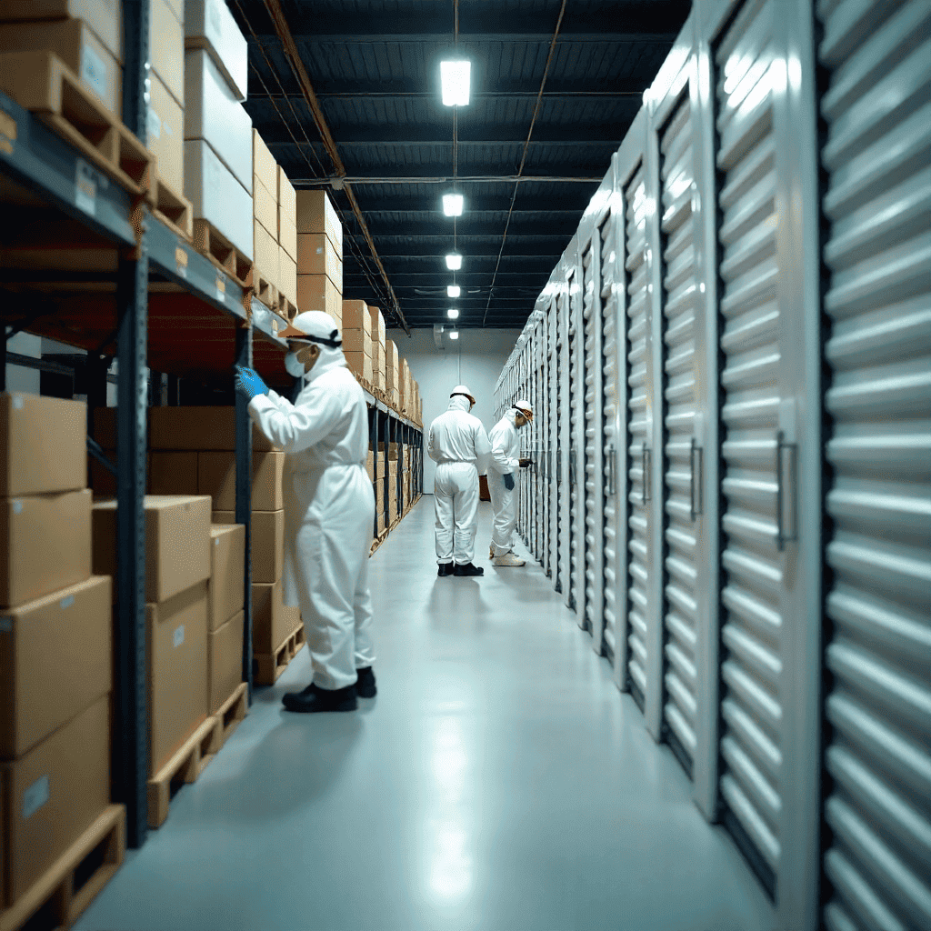 "Climate-controlled warehouse storing furniture, electronics, and boxes with workers carefully managing goods – safe and specialized storage solutions."