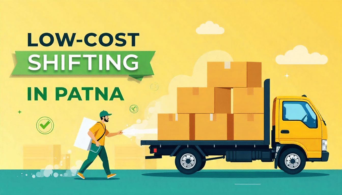 Bold graphic showing movers carrying boxes with a moving truck and a “Low-Cost Shifting in Patna” banner, representing the cheapest packers and movers in Patna.