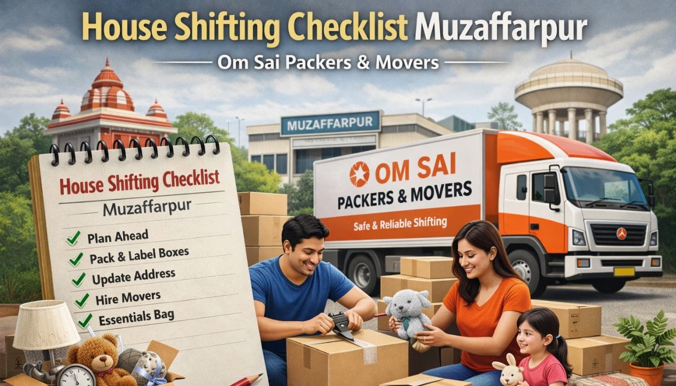 House Shifting Checklist Muzaffarpur with Om Sai Packers & Movers. Family packing boxes carefully with a moving truck and Muzaffarpur landmarks in the background for safe relocation.