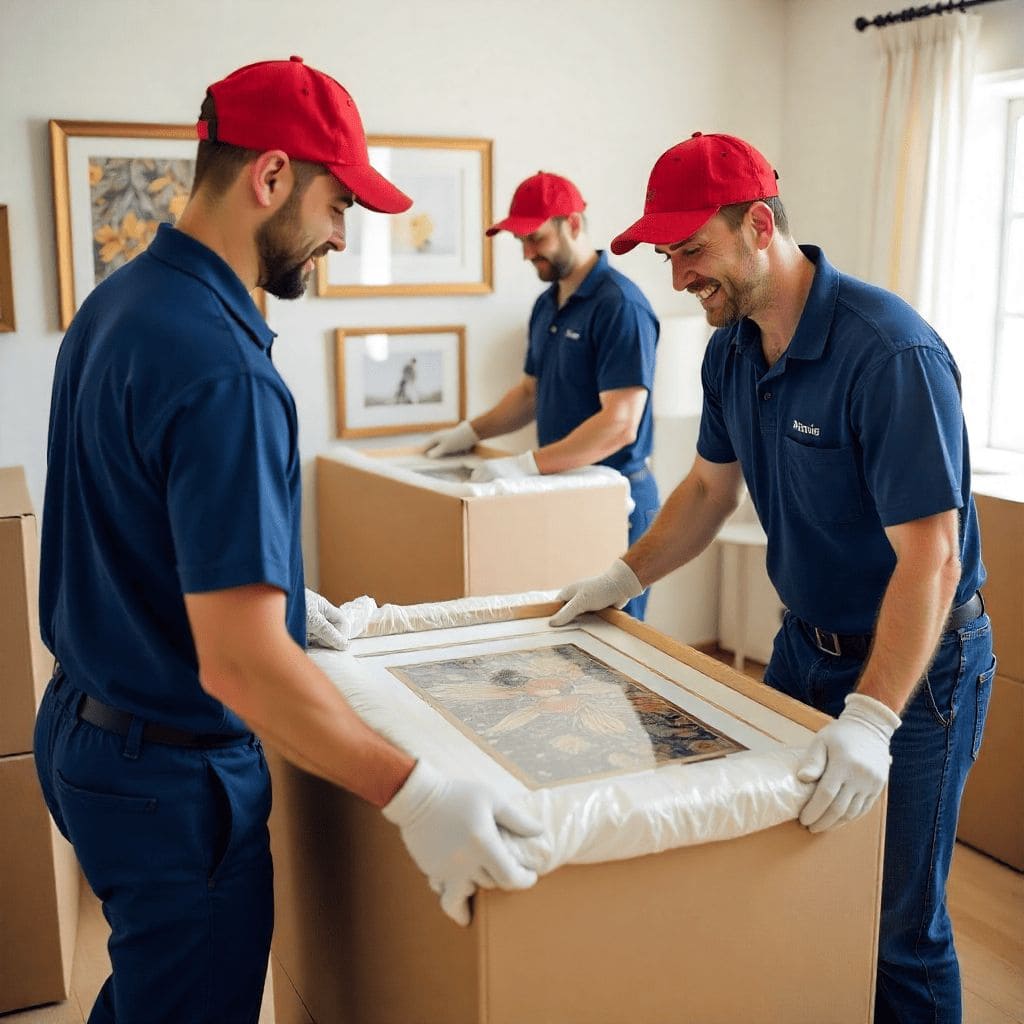 Om Sai Packers and Movers in Bodh Gaya team carefully packing household goods and photo frames with protective wrapping during home relocation